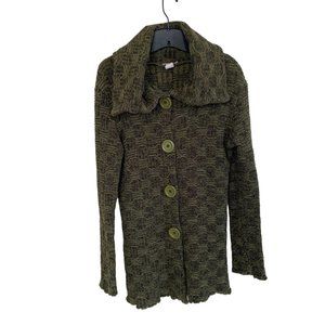 Pinkbee Cardigan Sweater Wool Blend Funnel Neck Green Over Sized Buttons Small